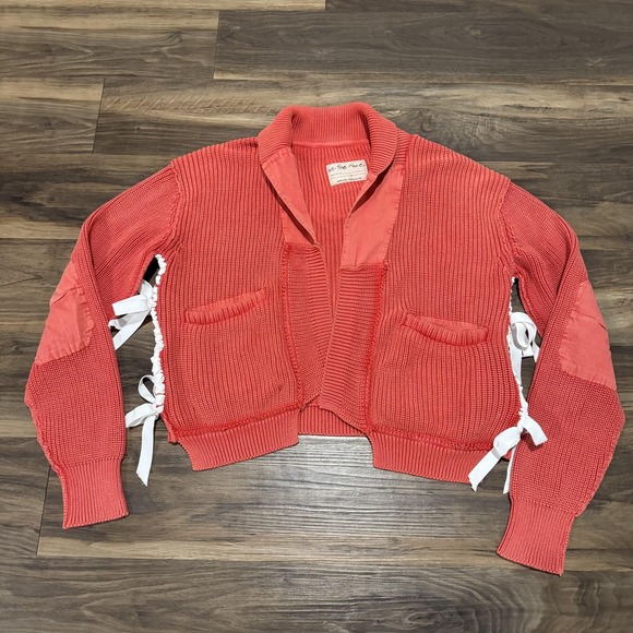 Free People Cardigan Worn Thru Surplus Sweater Womens Small DIY Side Tie Coral - Picture 1 of 9